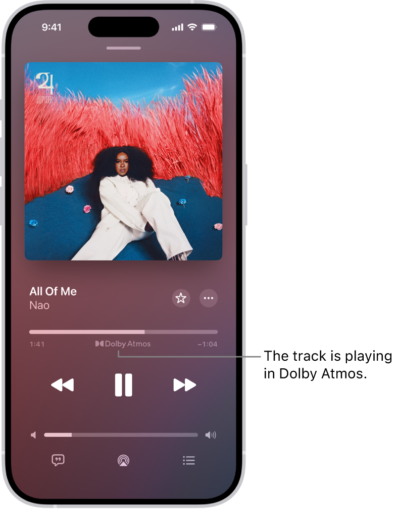 The Now Playing screen showing the Dolby Atmos icon for the track that’s playing.