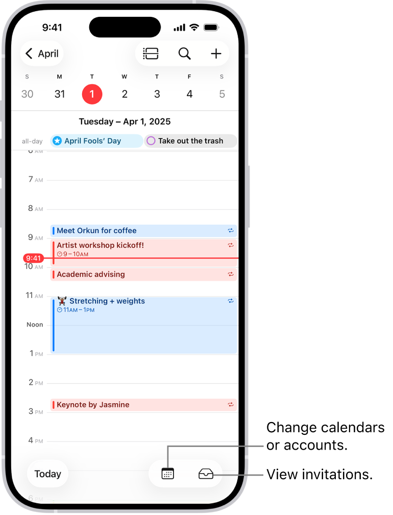 A calendar in Day view showing the day’s events. The Calendars button is at the bottom center of the screen, and the Inbox button is at the bottom right.