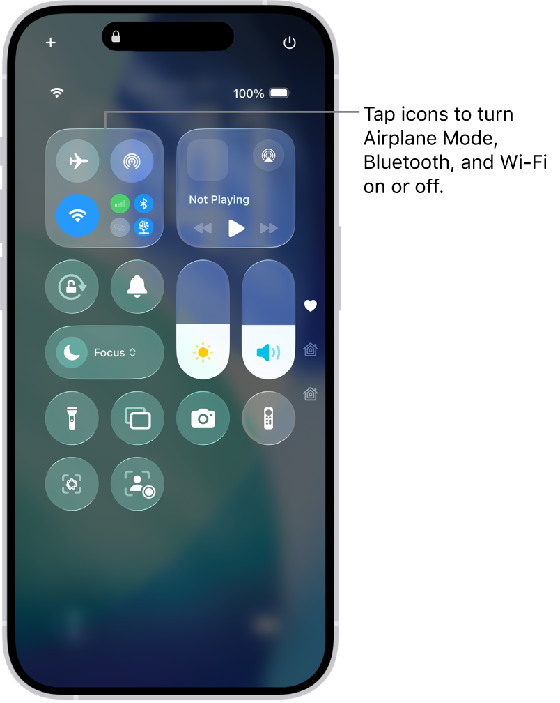 The Control Center screen showing that tapping the top-left button turns on Airplane Mode.