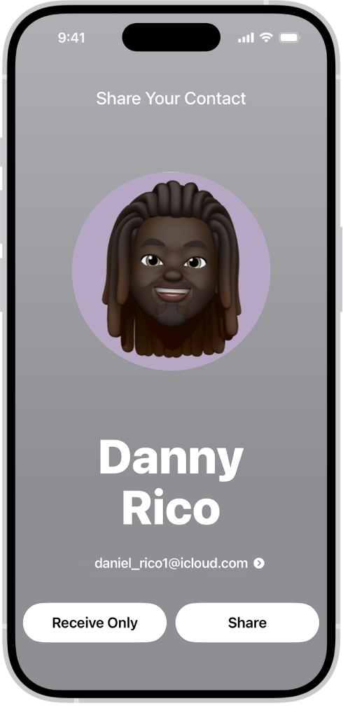 A NameDrop screen showing the user’s name and number. Below it are buttons to Receive Only or Share.