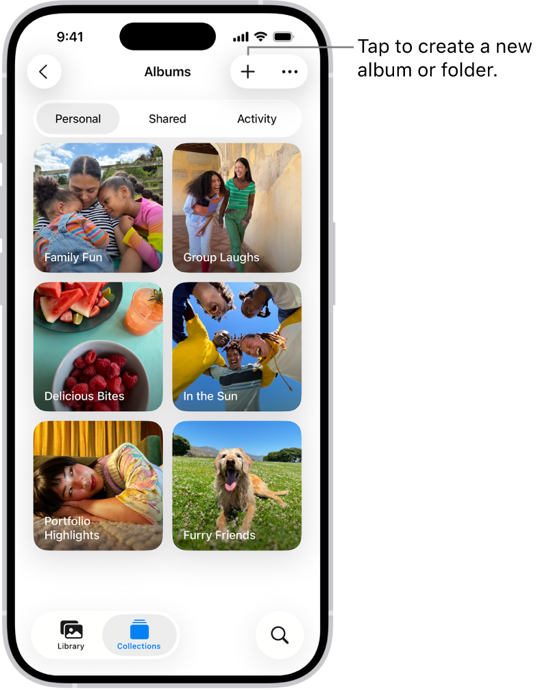 The Albums collection in the Photos app. A grid of albums is on the screen. At the top of the screen, from left to right, are the Back, New Album, and More buttons. Below that are buttons to view albums by Personal, Shared, or Activity. At the bottom of the screen, from left to right, are the Library, Collections, and Search buttons.