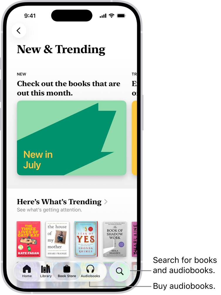 The Book Store screen in the Books app. At the bottom of the screen are, from left to right, the Home, Library, Book Store, Audiobooks, and Search tabs. The Book Store tab is selected.