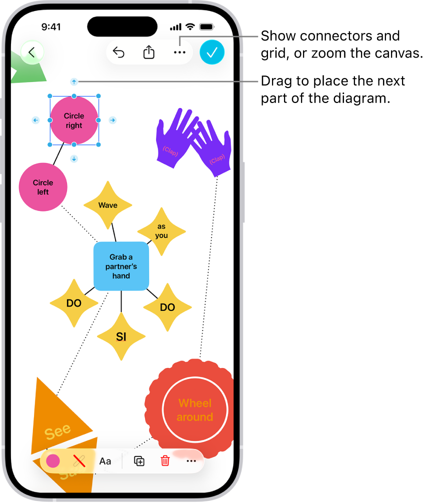 A diagram on a Freeform board, with connectors showing on a selected shape, and the shape formatting tools visible at the bottom of the screen.
