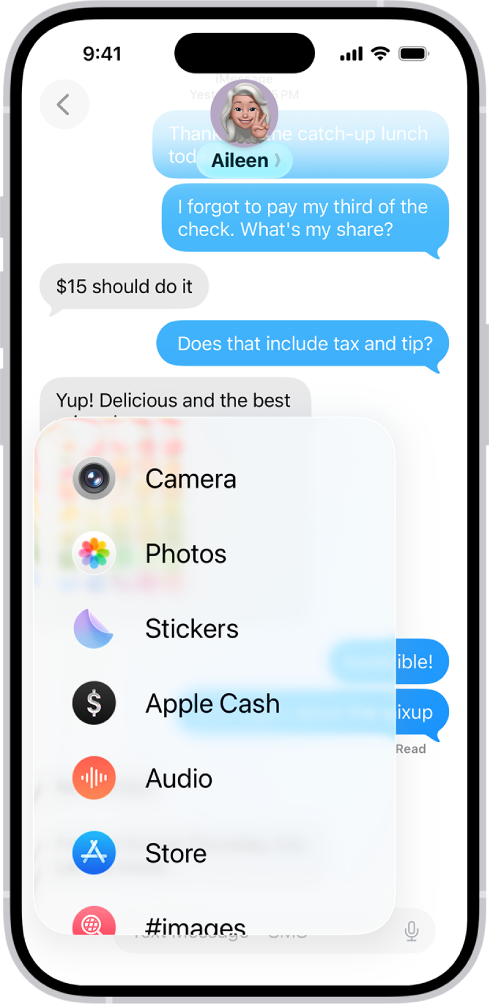 A list of features that appears after tapping the Add button in a Messages conversation.