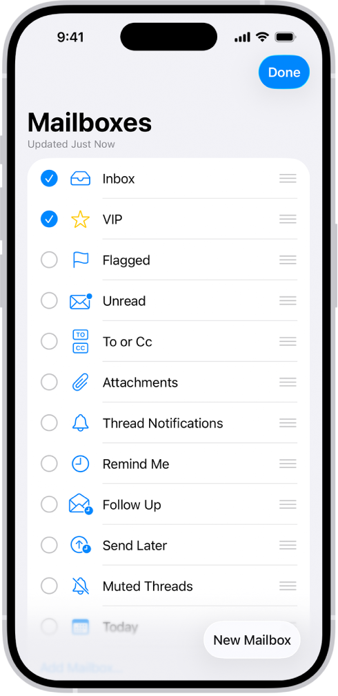 The Mailboxes edit screen. Optional Mailboxes are listed from top to bottom with a checkbox to the left of each option. At the bottom-right corner of the screen is a button labeled New Mailbox.