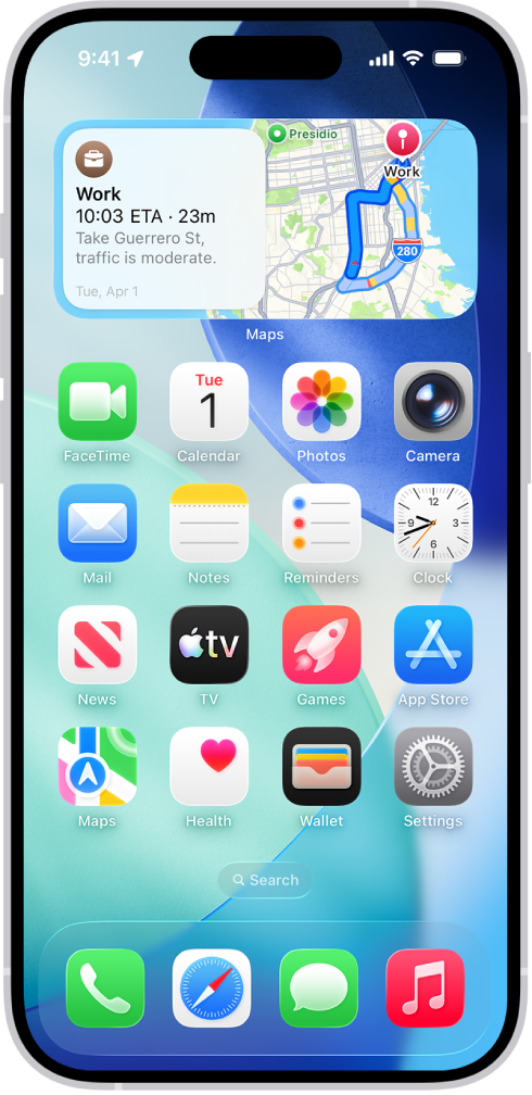 The Maps widget, other widgets, and app icons on an iPhone Home Screen.