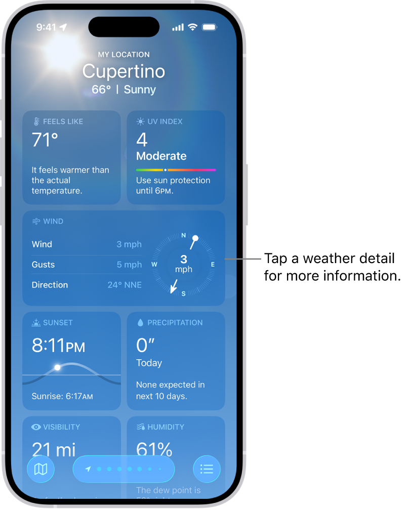 The Weather app showing the current location at the top, and below it the current temperature and weather condition. The rest of the screen contains weather details, including UV index, wind, and precipitation.