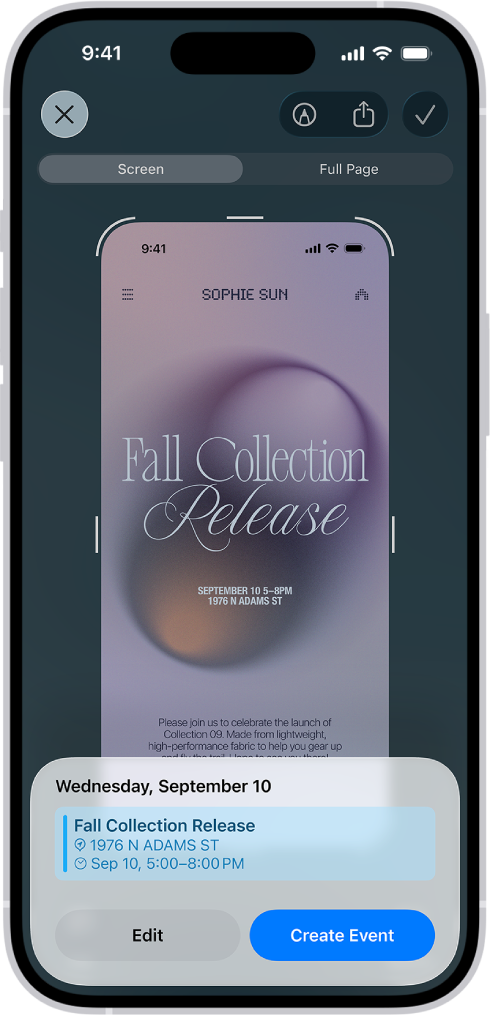 A flyer from an event open in visual intelligence. A calendar event appears at the bottom of the screen with buttons to edit and create the event.
