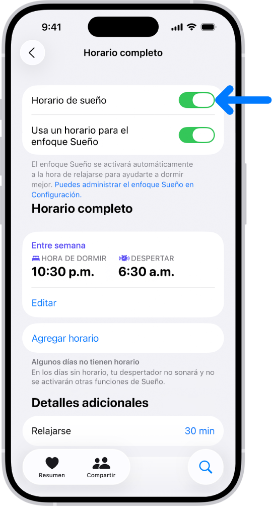 La pantalla Horario completo en Salud con la opción Horario de sueño activada en la parte superior.