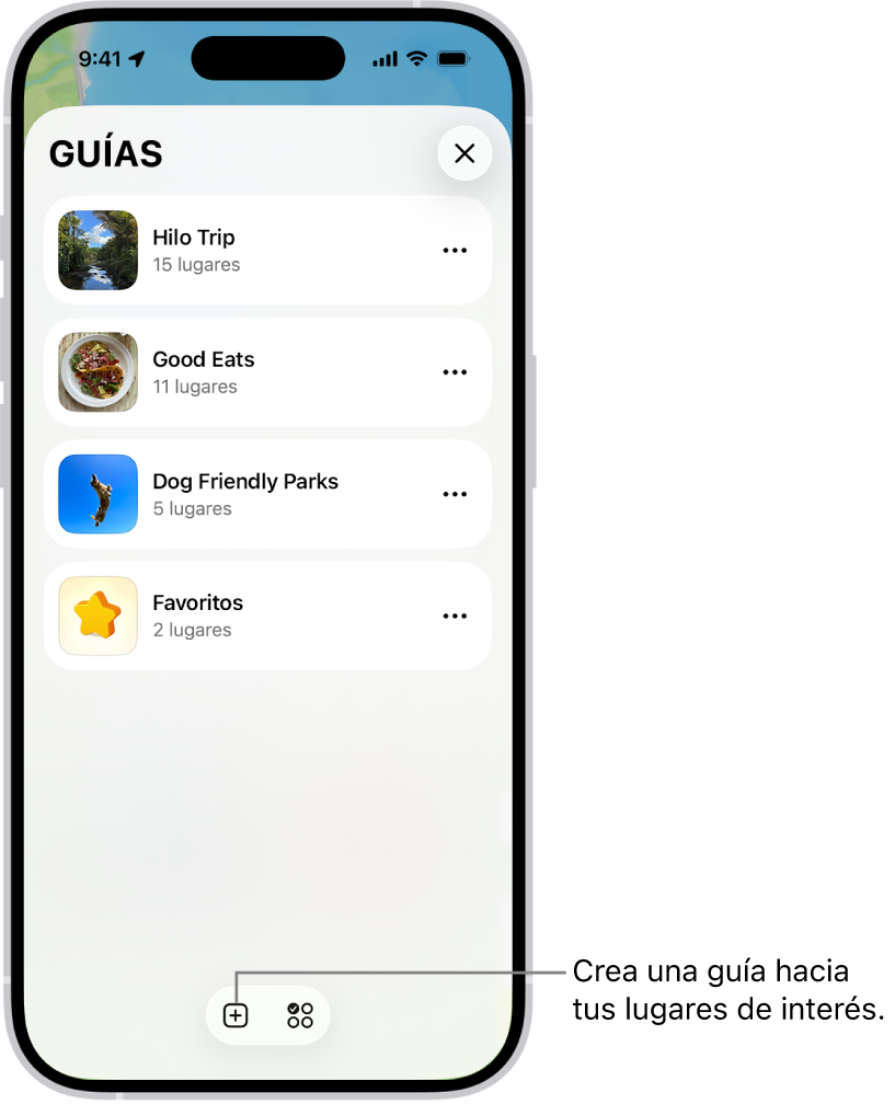 Una lista de varias guías personalizadas en Mapas que incluyen una categoría de favoritos y el botón Nueva guía en la esquina inferior derecha.