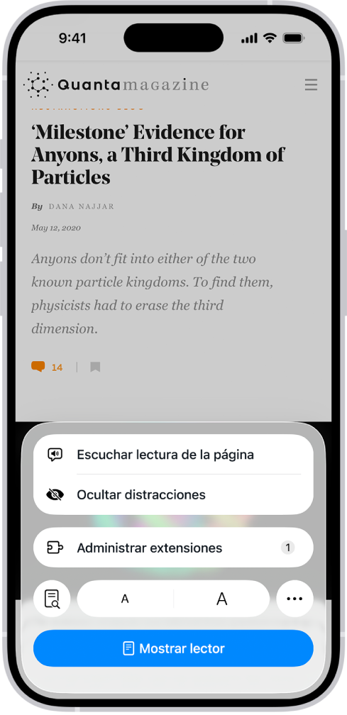Un sitio web abierto en Safari. El botón Menú Página de la página está seleccionado y se muestran los controles de escucha.