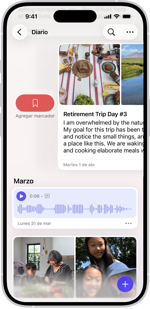 Una pantalla en la app Diario mostrando entradas de diario. Una entrada se desliza a la derecha y muestra el botón Agregar a marcadores.
