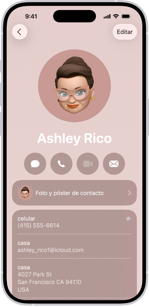 Una tarjeta de contacto en la app Contactos.