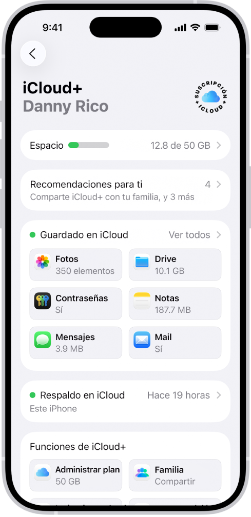 La pantalla de configuración de iCloud mostrando el indicador de almacenamiento de iCloud y una lista de apps y funciones.
