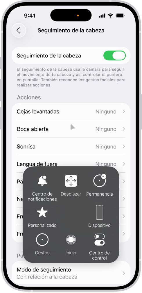 Un iPhone con el seguimiento de cabeza activo. El menú de AssistiveTouch muestra los controles para centro de notificaciones, desplazamiento, permanencia, dispositivo, centro de control, inicio, gestos y personalizado.