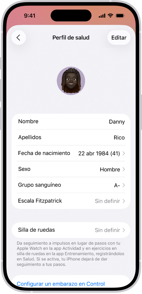 La pantalla Perfil de salud, que incluye campos para el nombre, la fecha de nacimiento, el grupo sanguíneo y otros tipos de información.