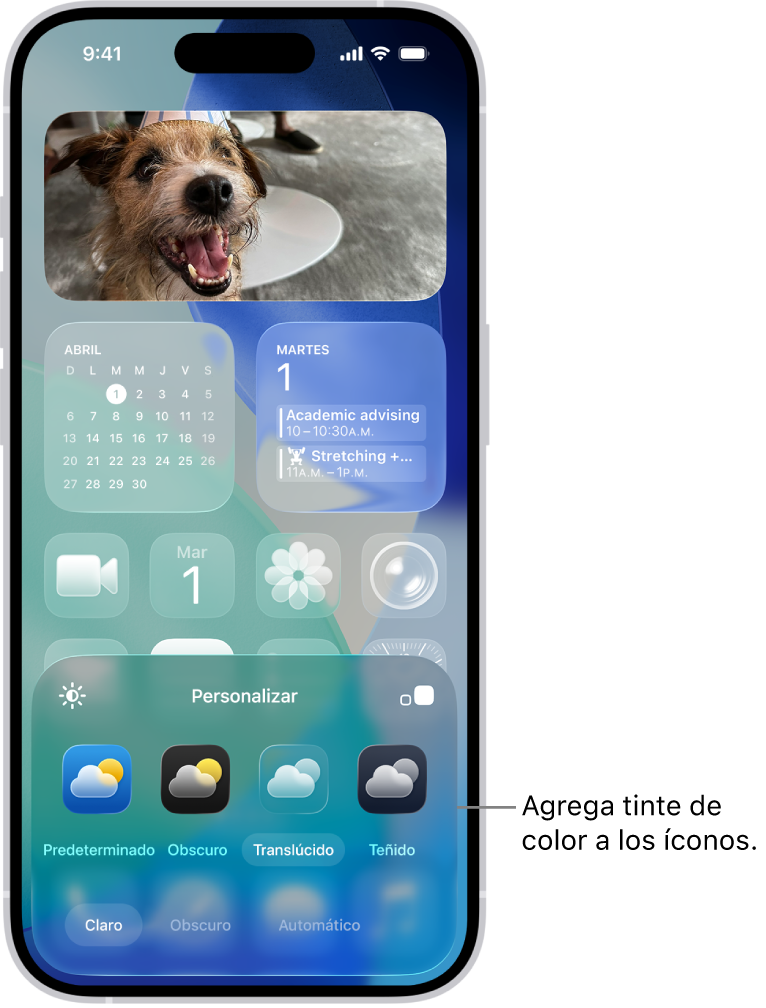 Una pantalla de inicio personalizada con íconos translúcidos teñidos de azul y acomodados como marco de una foto, y controles en la parte inferior que sirven para personalizar los íconos. Las opciones incluyen los botones Automático, Obscuro, Claro y Teñido; las opciones para elegir un color y la saturación; y los botones Grande y Pequeño para elegir el tamaño de los íconos.