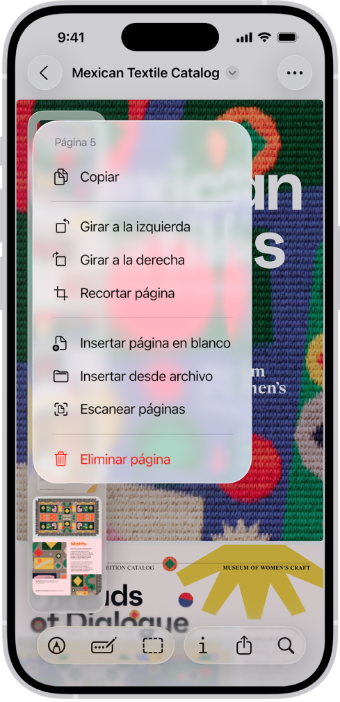 Un catálogo PDF con miniaturas a la izquierda. La última miniatura está resaltada, y encima hay un menú con las opciones Copiar, Girar a la izquierda, Girar a la derecha, Recortar página, Insertar página en blanco, Insertar desde archivo, Escanear páginas y Eliminar página.