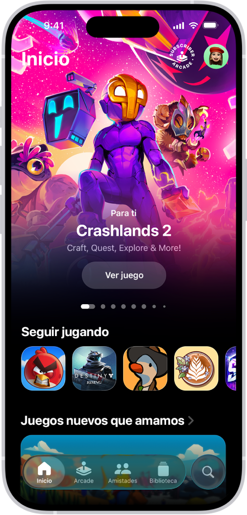 La app Apple Games muestra la pestaña Inicio, donde se muestran títulos para seguir jugando y nuevos lanzamientos.