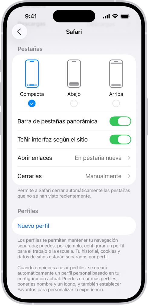 Una pantalla mostrando las tres opciones de diseño de Safari: Compacta, Abajo y Arriba.