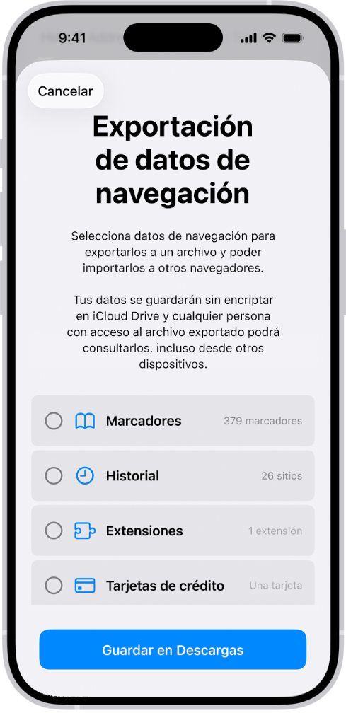 La pantalla Exportar datos de navegación con la opción Contraseñas seleccionada para exportar a otro administrador de contraseñas.
