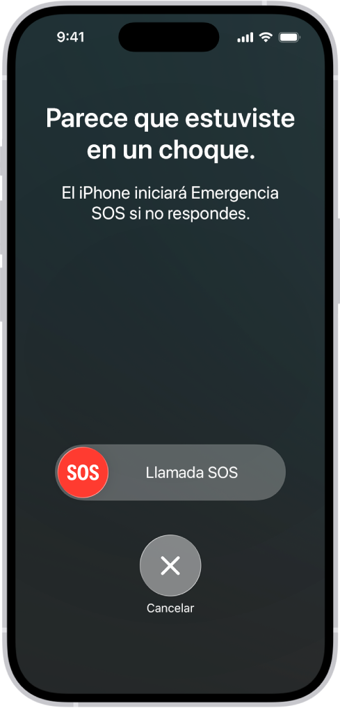 La pantalla Detección de choques mostrando una notificación de que chocaste, debajo está el regulador Llamada de Emergencia SOS con el botón Cancelar.