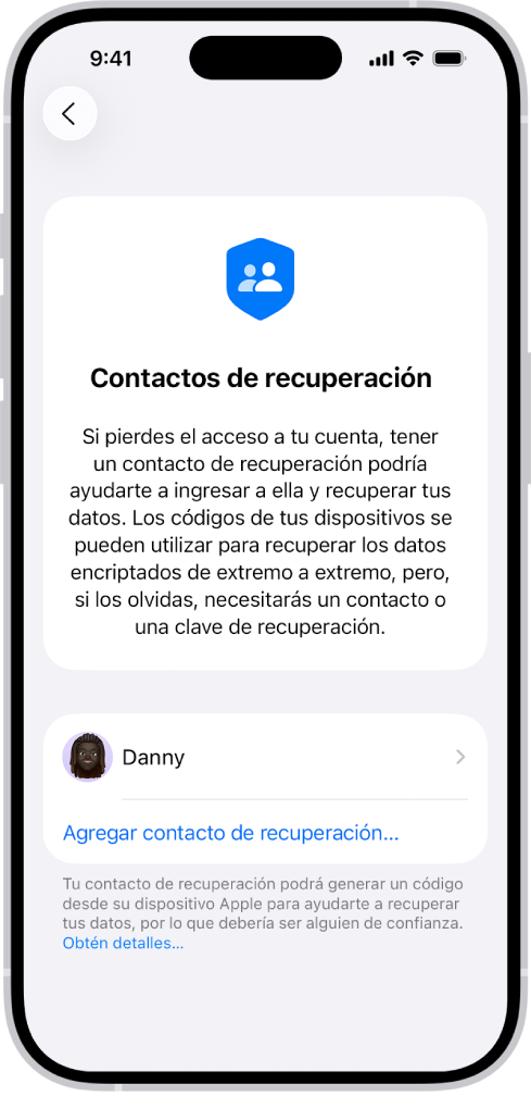 La pantalla Agregar contacto de recuperación.