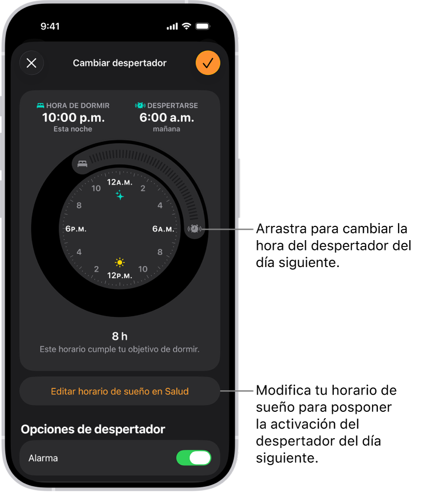 Una pantalla para cambiar el siguiente despertador: la posición del botón Alarma sonando establece la hora de la alarma.