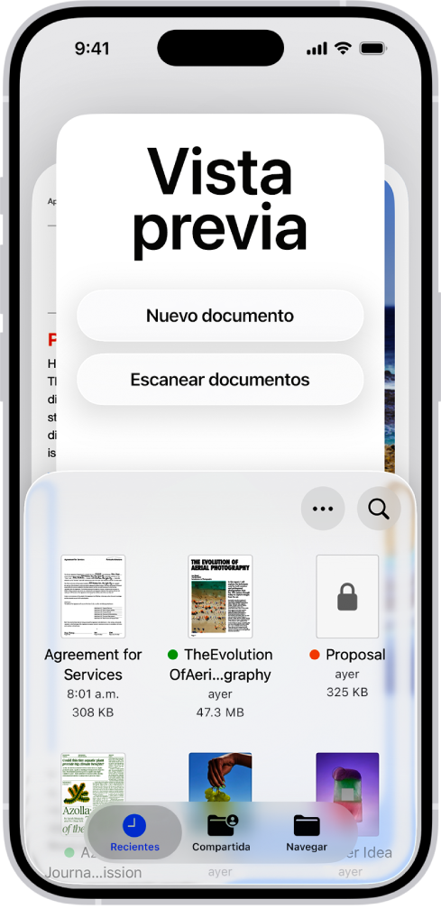 El explorador de documentos en Vista Previa. En el centro de la pantalla están los botones Nuevo documento, Escanear documentos, Más y Buscar. En la parte inferior de la pantalla se encuentran los botones Recientes, Compartido y Explorar.