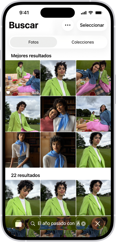 Un iPhone mostrando una foto en la app Fotos. Una barra de búsqueda con una descripción aparece en la parte inferior de la pantalla.