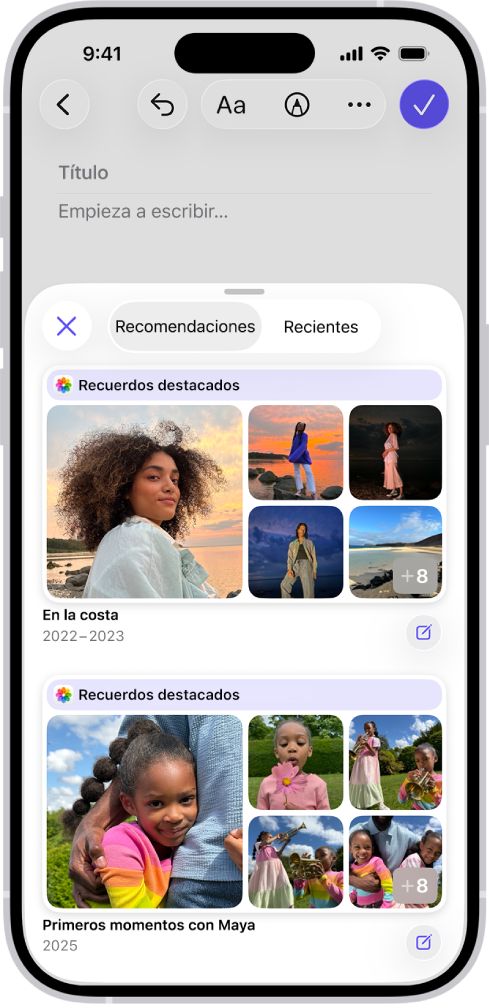 Una pantalla en la app Diario mostrando fotos destacadas como sugerencias para entradas de diario.