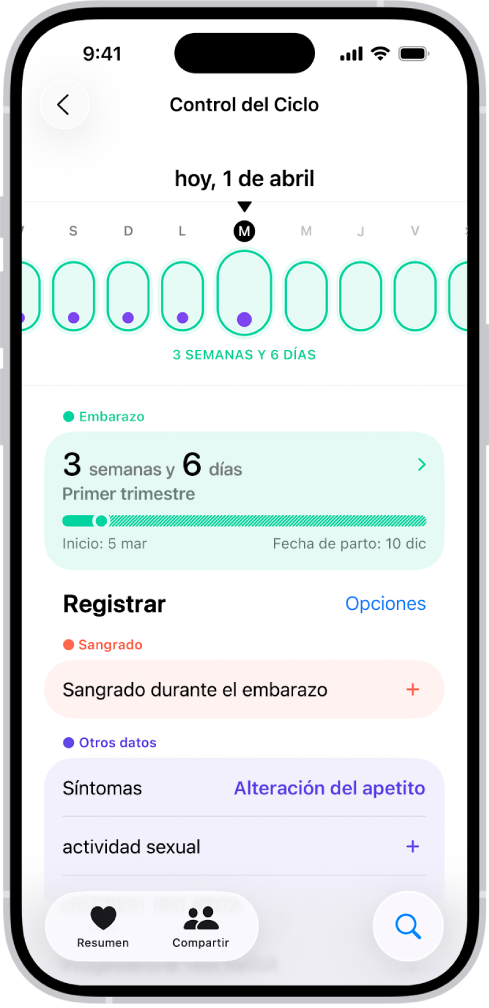 La pantalla Control del Ciclo con una línea del tiempo del embarazo de una semana en la parte superior. Los óvalos verdes claros y los puntos morados marcan los primeros 5 días en la línea de tiempo. Los óvalos discontinuos de color verdes claros marcan los demás días de la línea de tiempo. Debajo de la línea de tiempo está el resumen del embarazo, que muestra la edad gestacional, fecha de inicio y fecha probable de parto. Debajo del resumen del embarazo hay opciones para agregar información sobre sangrado durante el embarazo, síntomas y más.