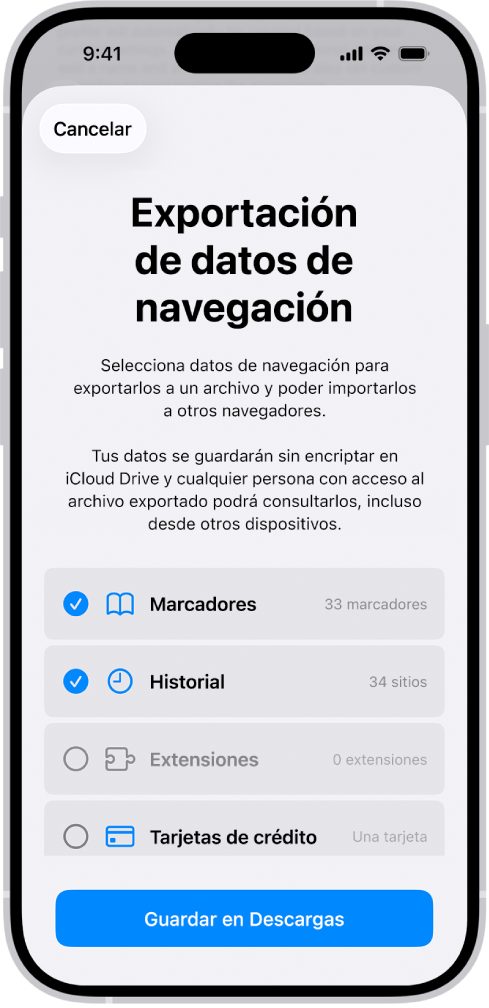 La pantalla Exportar datos de navegación muestra los datos que puedes exportar de Safari a otro navegador.