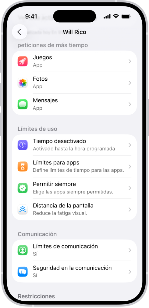 La pantalla para un menor de un grupo de Compartir en Familia que muestra una sección para las solicitudes de más tiempo.