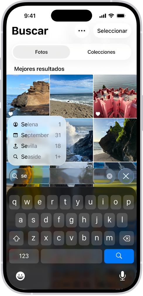 La pantalla Buscar en la app Fotos muestra sugerencias de búsqueda basadas en el texto ingresado en el campo de búsqueda.