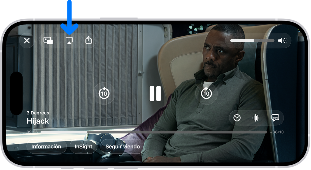 Una película reproduciéndose en la pantalla del iPhone. En el centro de la pantalla se muestran los controles de reproducción. El botón AirPlay está cerca de la parte superior izquierda.