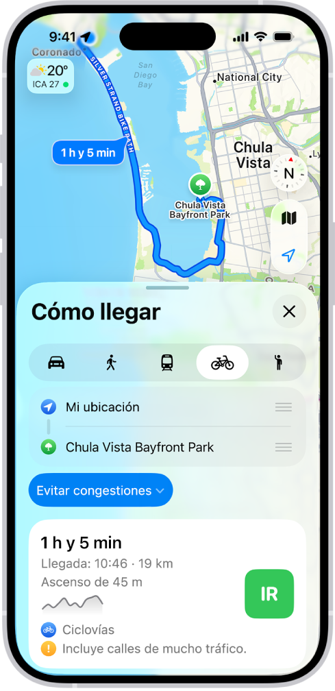 Un mapa mostrando opciones de una ruta en bicicleta. La tarjeta de la ruta en la parte inferior ofrece detalles, incluyendo la duración estimada del trayecto, los cambios de desnivel y los tipos de calles. El botón Ir está a la derecha de los detalles.
