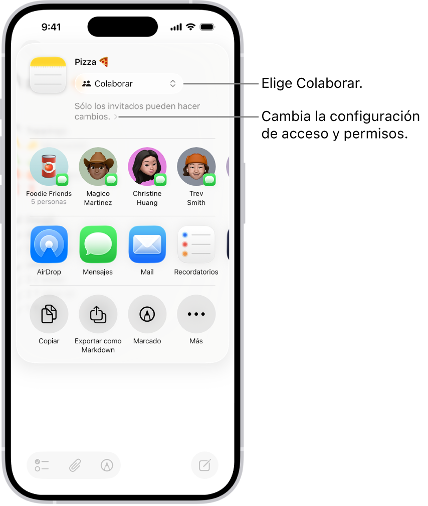 Una invitación a colaborar en una receta en Notas, mostrando que la colaboración está activa con la configuración de acceso y permiso Sólo tus invitados pueden hacer cambios. Cuatro posibles destinatarios, incluyendo un grupo, forman una fila debajo. La siguiente fila ofrece diferentes formas de compartir la nota: AirDrop, Mensajes, Mail y Recordatorios.