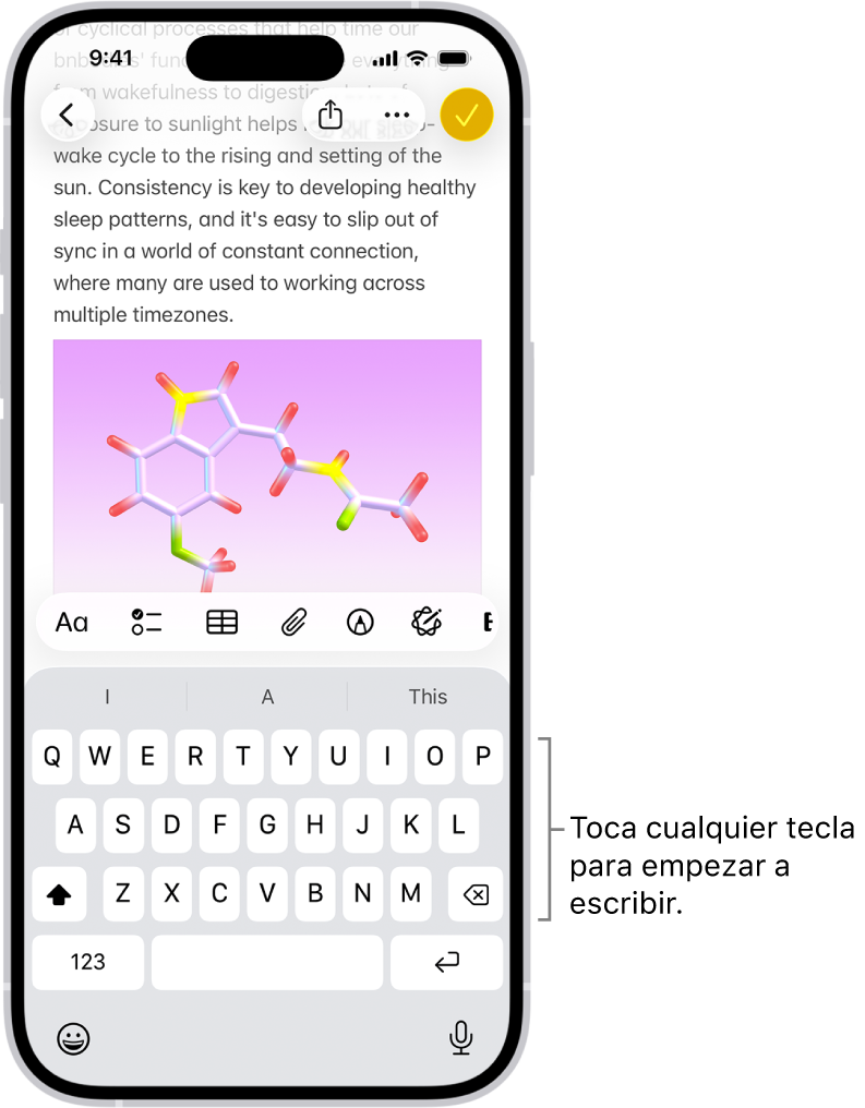 Documento abierto en la app Notas. El teclado en pantalla está en la mitad inferior de la pantalla.