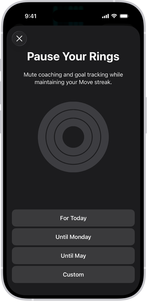Pantalla “Pausar los anillos” de la app Fitness con opciones para pausar los anillos de actividad.