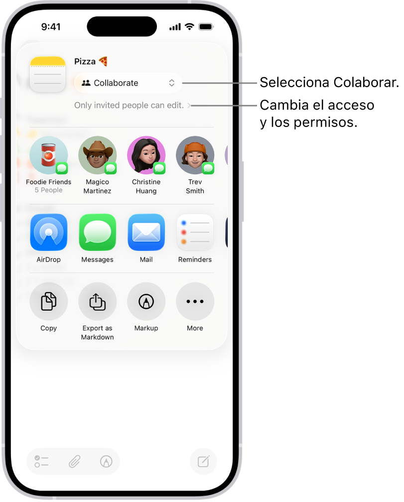 Una invitación de colaboración a una receta en la app Notas, que muestra la opción para compartir Colaborar y la opción “Solo pueden editarlo las personas a las que invites” como el ajuste de acceso y de permisos. Debajo de eso hay una fila con cuatro posibles destinatarios, incluido un grupo. La fila siguiente ofrece varias formas de compartir la nota: AirDrop, Mensajes, Mail y Recordatorios.