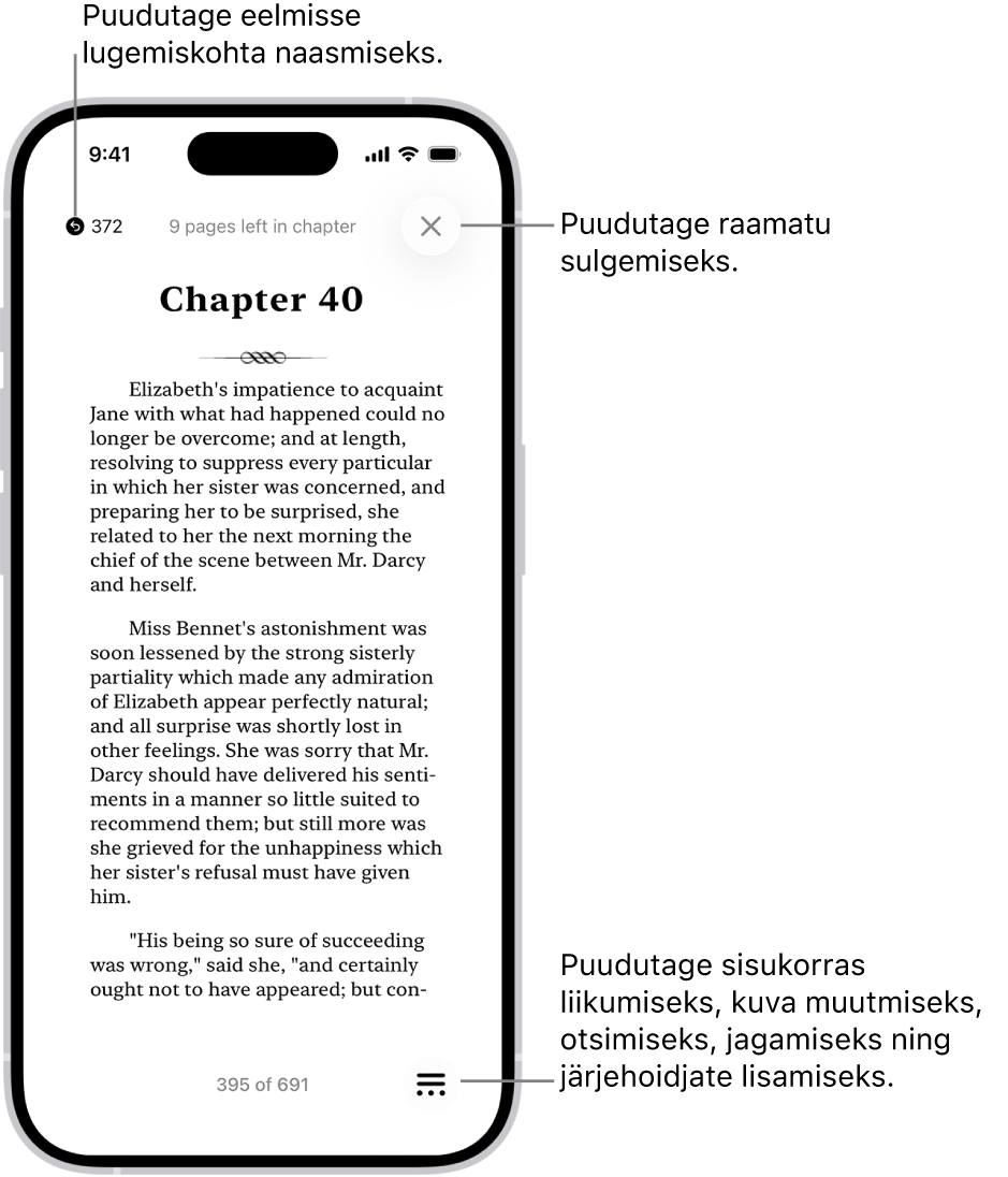 Rakenduses Books kuvatakse raamatu lehekülge. Ekraani ülaosas on nupud lugemise alguskohta naasmiseks ning raamatu sulgemiseks. Ekraanil all paremal on nupp Menu.