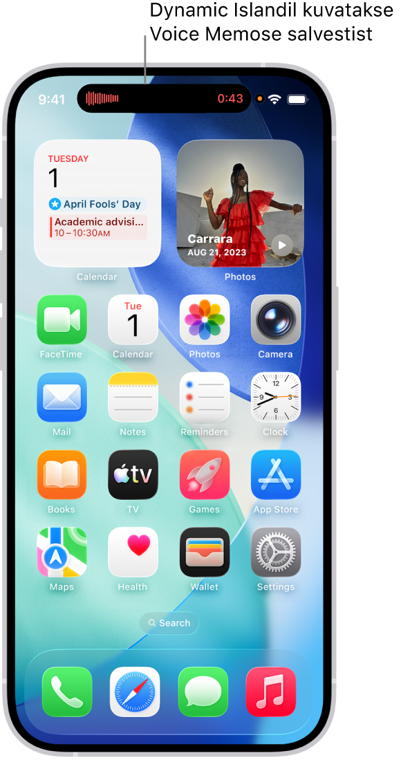 Mudeli iPhone 14 Pro Home Screen-kuva, mille ekraani ülaservas kuvatakse Dynamic Islandil rakenduse Voice Memos pooleliolevat salvestust.