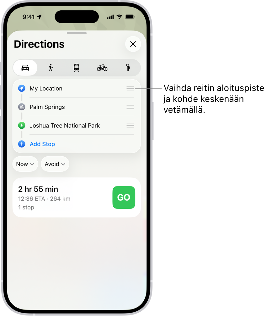 Kartta useilla eri reittivaihtoehdoilla Oman sijainnin ja kohdesijainnin välillä.