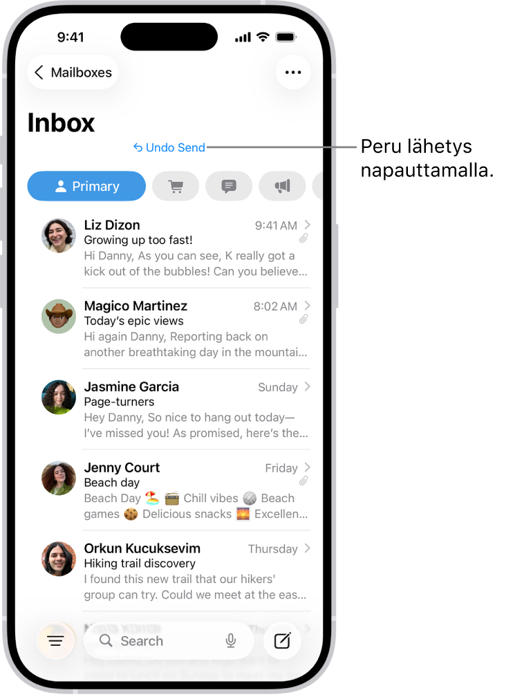 Saapuneet-näkymä, jossa näkyy viestiluettelo. Keskellä näytön alareunaa on Peru lähetys -painike (jolla voidaan perua äskettäin lähetetty viesti).