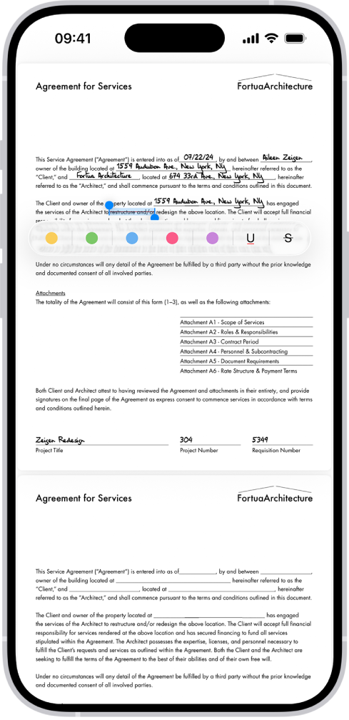 Un PDF de contrat de service dans l’app Aperçu avec du texte surligné et barré. Les boutons Surligner, Souligner et Barrer sont affichés sous le texte.