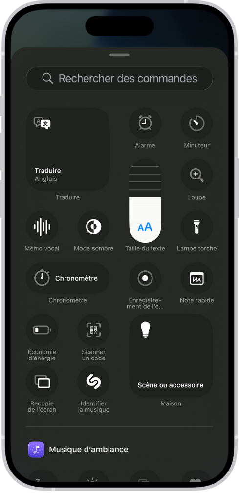 La galerie de commandes, avec toutes les commandes du centre de contrôle disponibles.