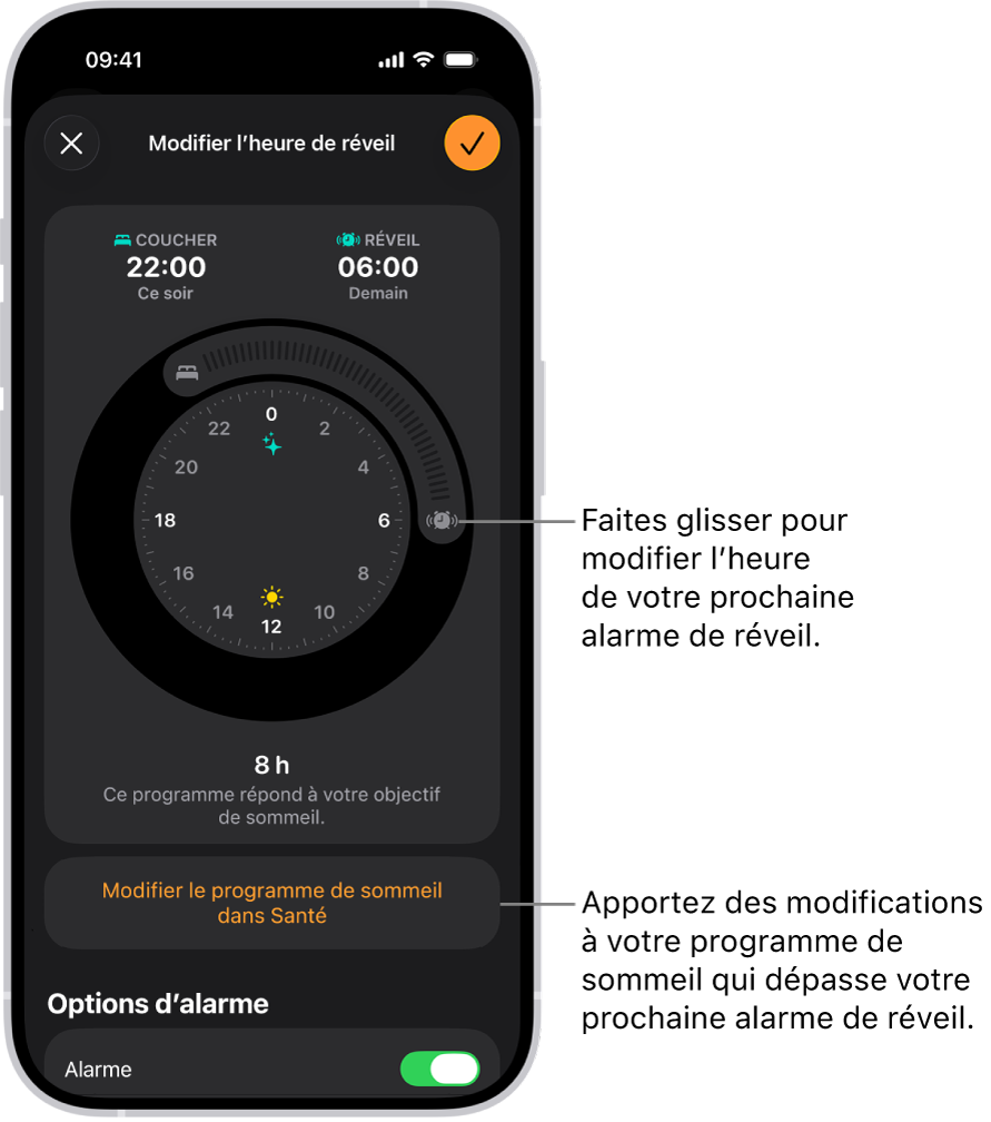 Écran permettant de modifier la prochaine alarme de réveil. La position du bouton d’une alarme déclenchée définit l’heure de l’alarme.