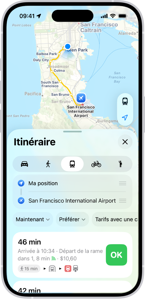 Plan indiquant différents itinéraires en transports. La fiche de l’itinéraire se trouve dans la partie inférieure et fournit un certain nombre de détails concernant l’itinéraire, notamment le temps de trajet estimé ainsi que le coût total du trajet. Un bouton Aller se trouve à droite des détails.
