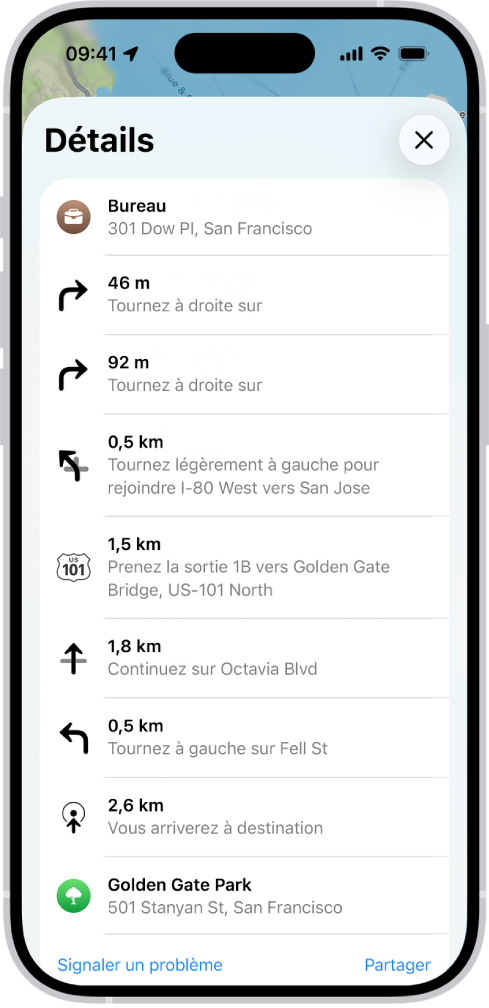 Instructions d’un itinéraire guidé affichées sous la forme d’une liste.